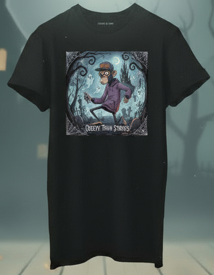 Black t-shirt with a Halloween-themed design on a wooden platform with pumpkins and a haunted house in the background.