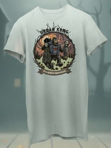 White t-shirt with a Halloween-themed design on a wooden platform with pumpkins and a haunted house in the background.