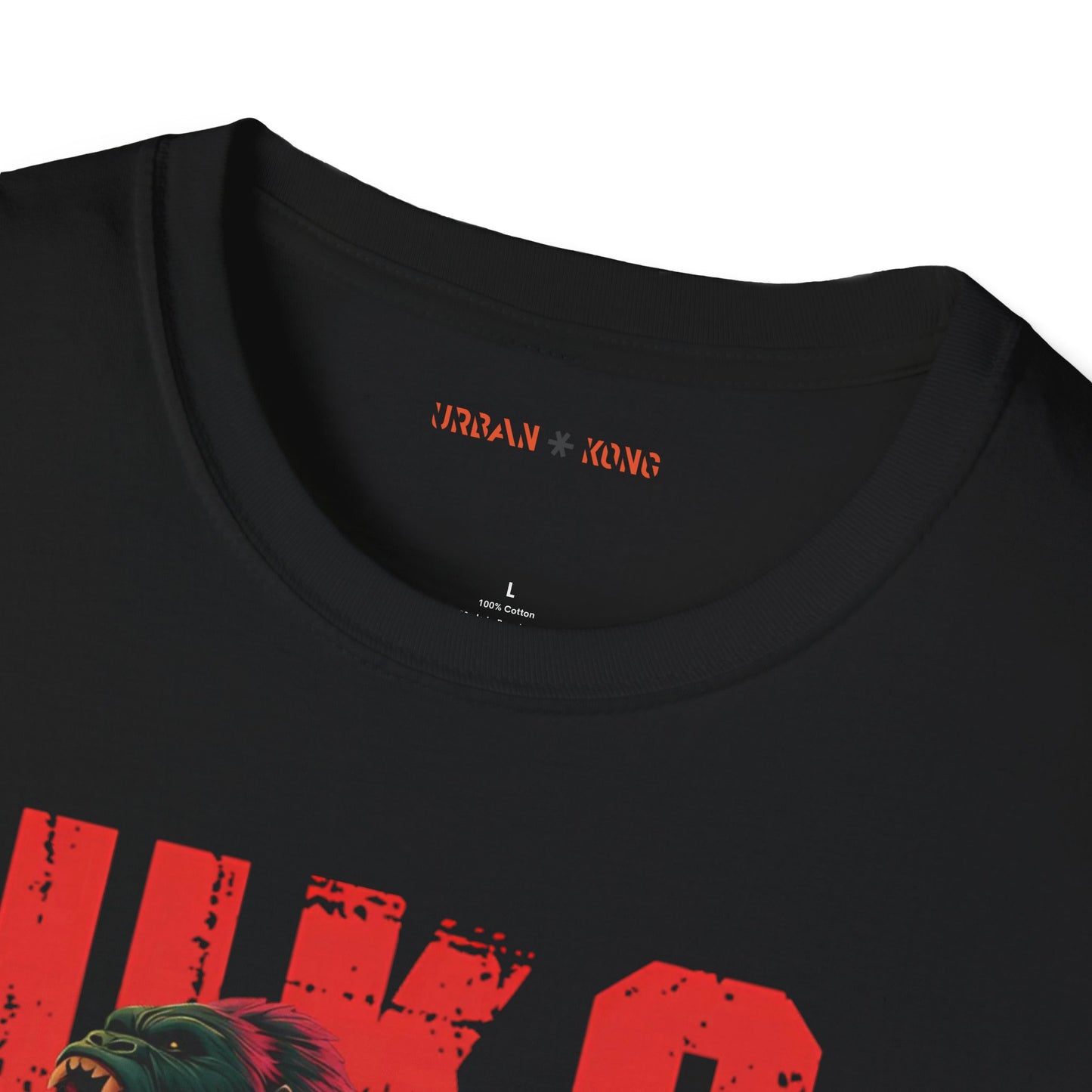 Label closeup black streetwear t-shirt with a dark and stylised graphic of a roaring gorilla, featuring red accents and large red 'UKO' text in the background.