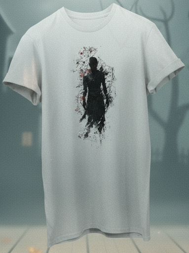White t-shirt with black graphic design on a neutral background