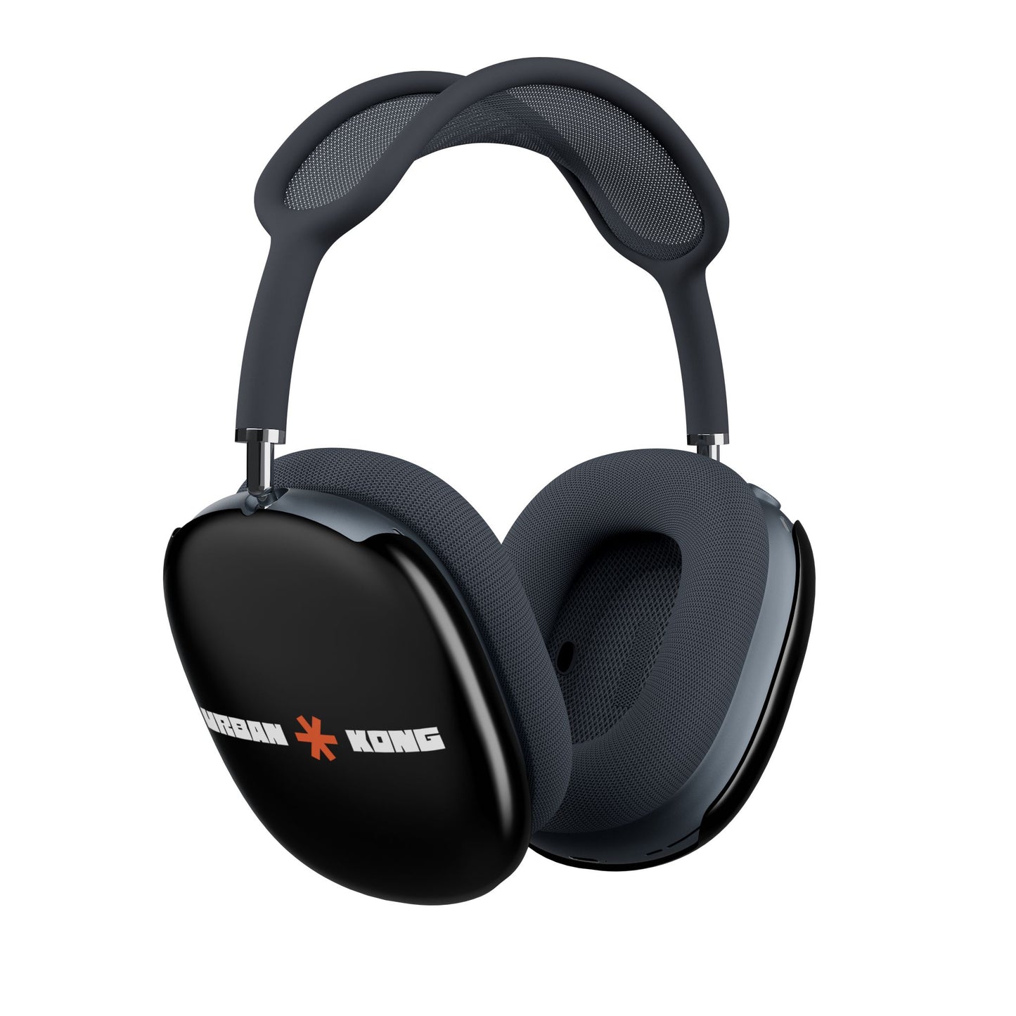Black headphones with a visible brand logo on a white background
