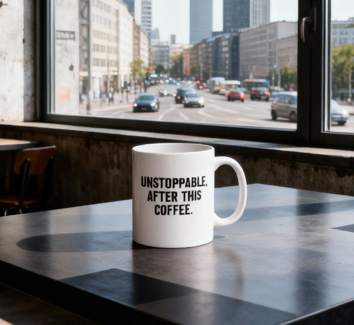 Mug with 'Unstoppable after this coffee' text on a table with a cityscape view through large windows.