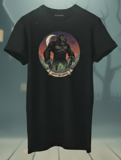 Black t-shirt with a graphic design on a Halloween-themed background with pumpkins and a full moon.