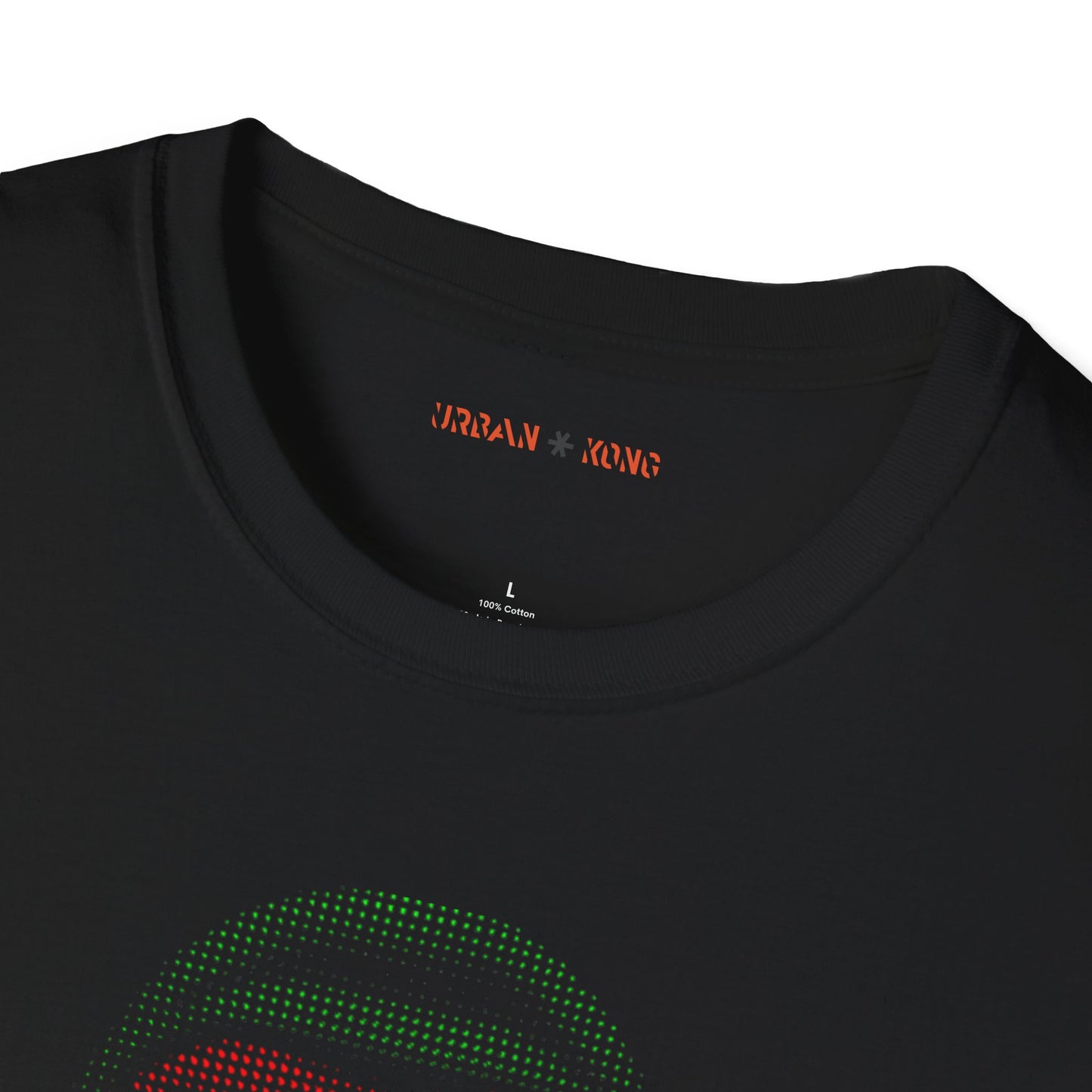 Closeup of black streetwear t-shirt Urban Kong with a roaring gorilla made in red yellow green dots.