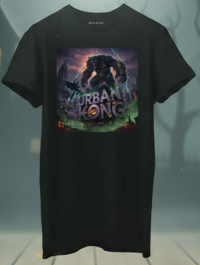 Black t-shirt with a colorful graphic design on a Halloween-themed background with pumpkins and a full moon.
