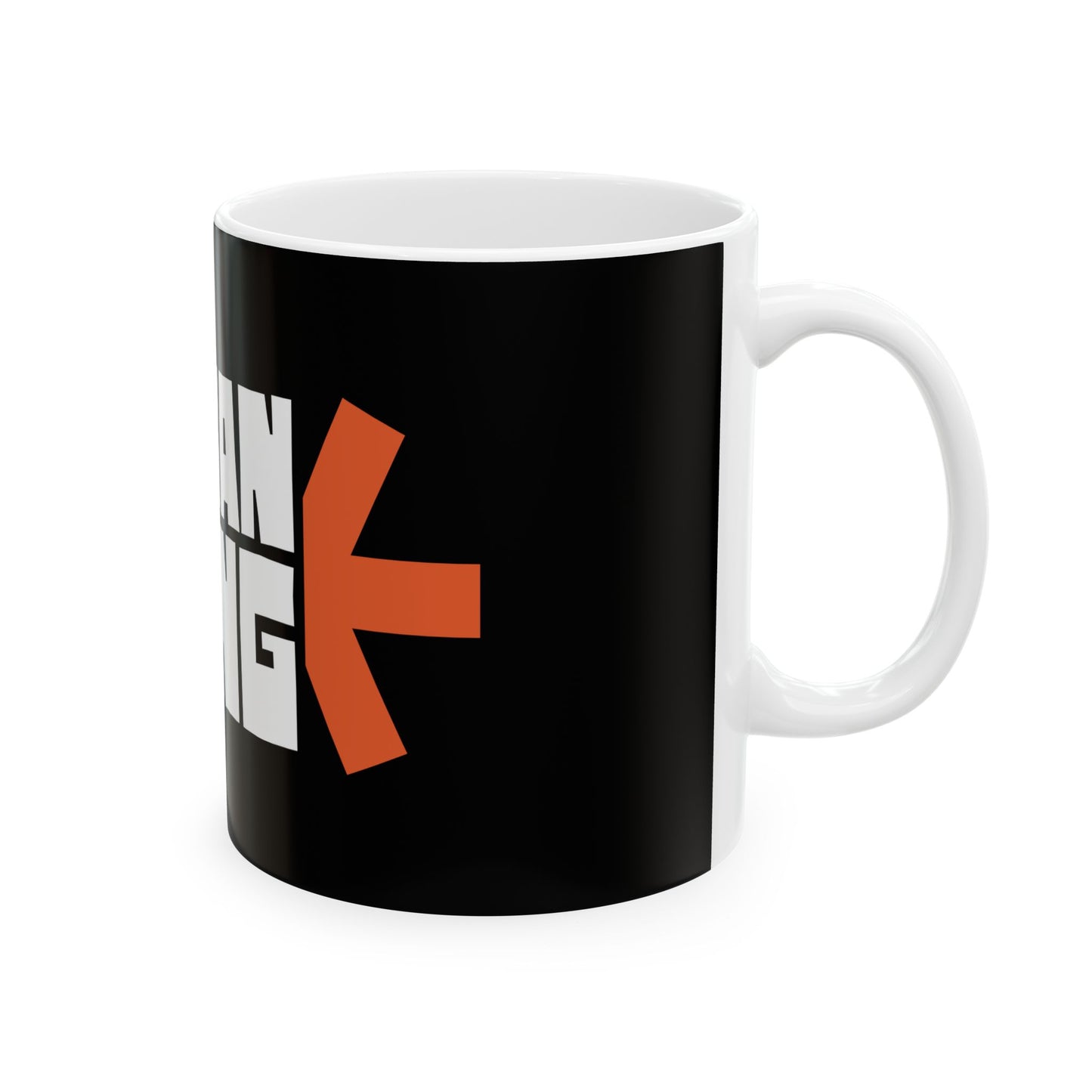 Black mug with a red and white logo on a white background