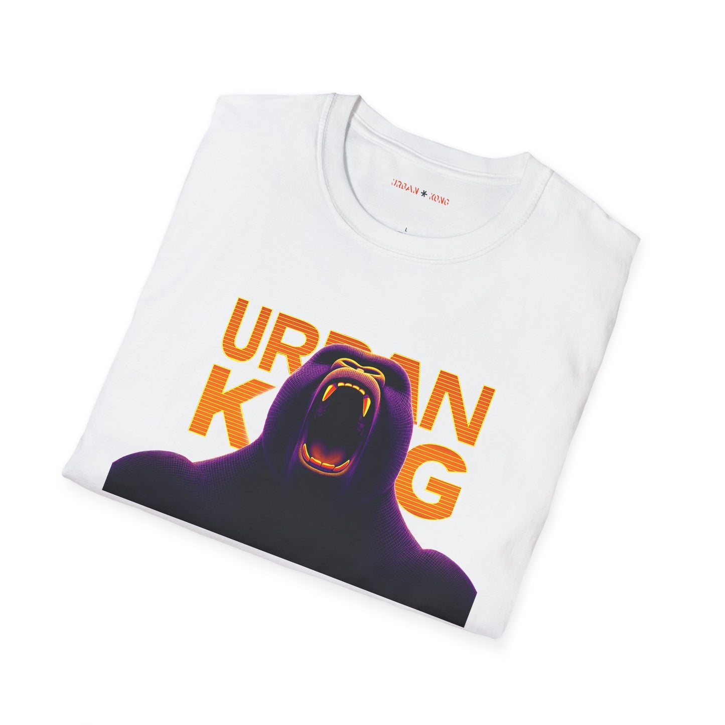 Floded white streetwear t-shirt with a dark purple, closeup graphic of a roaring gorilla with gradient orange and yellow 'URBAN KONG'.