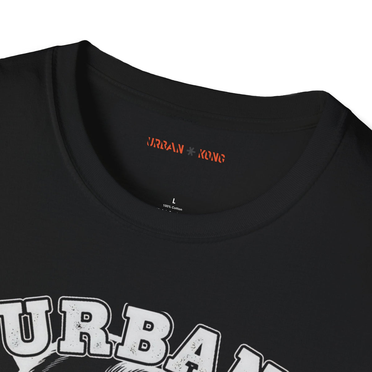 Label closeup black streetwear t-shirt with a white graphic of a roaring gorilla and 'URBAN KONG' text.