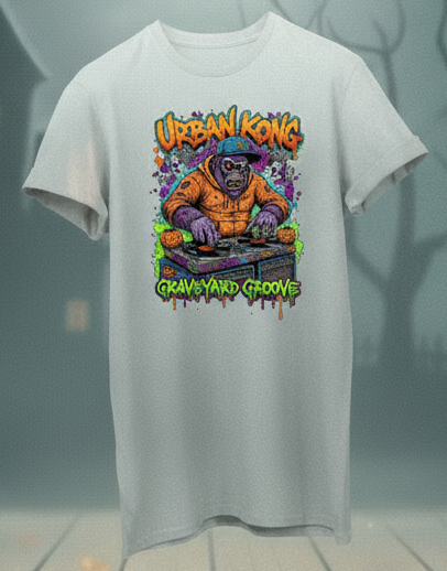 White t-shirt with a colorful graphic design on a stand against a Halloween-themed background with pumpkins and a haunted house.