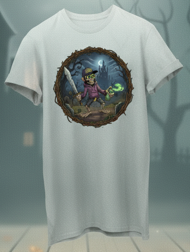 White t-shirt with a Halloween-themed design in front of a spooky night scene with pumpkins and a full moon.