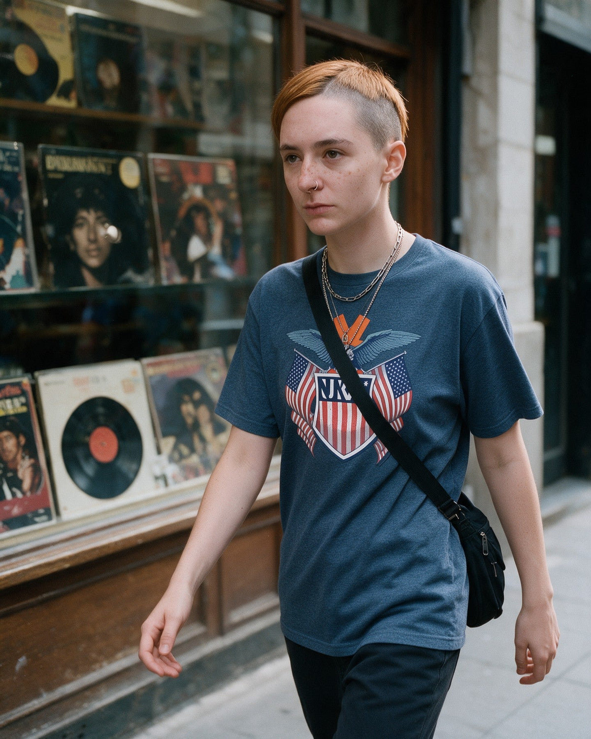 American Kong T-Shirt in Heather Indigo worn on the street — Urban Kong