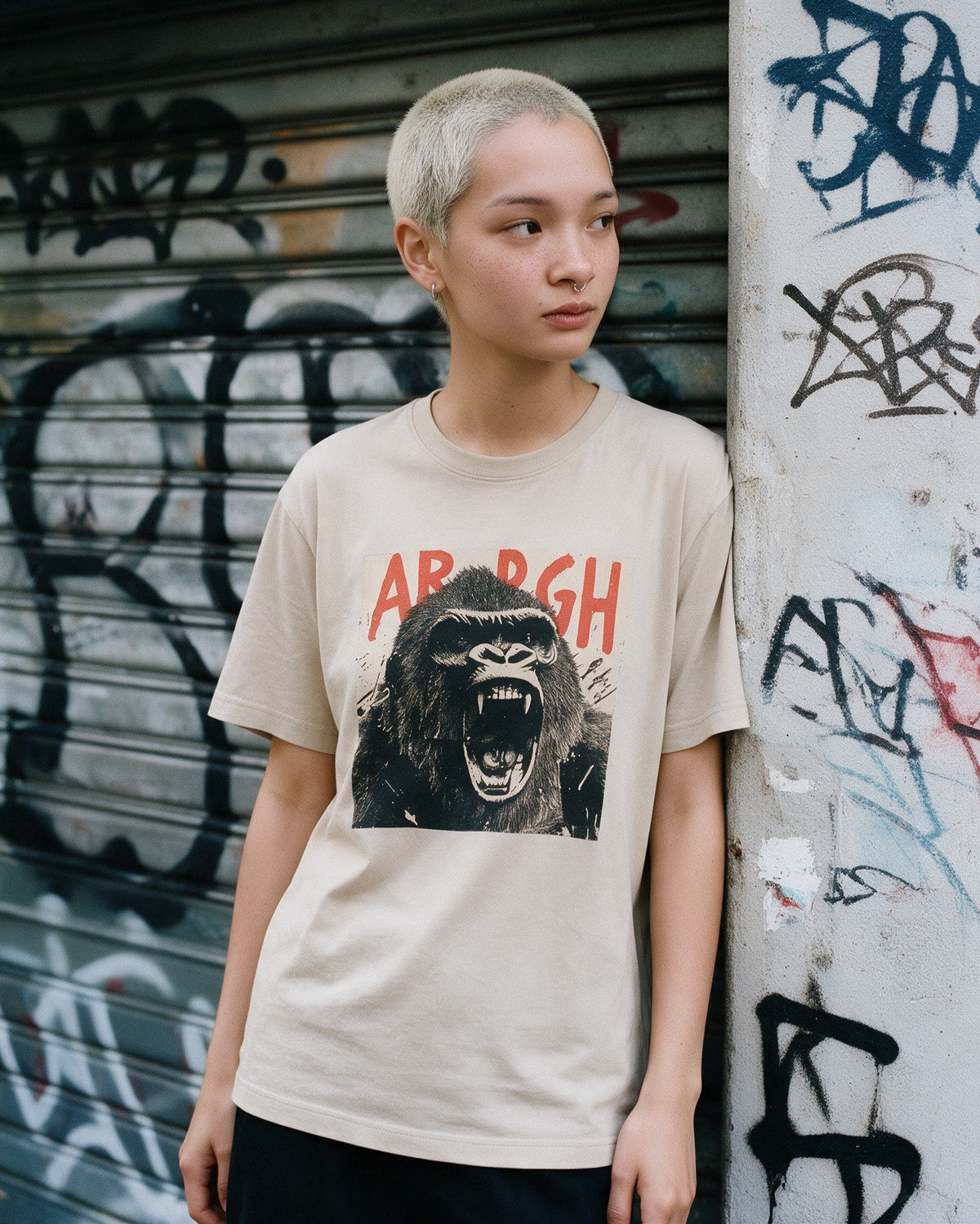Arrgh Kong T-Shirt in Sand worn on the street — Urban Kong