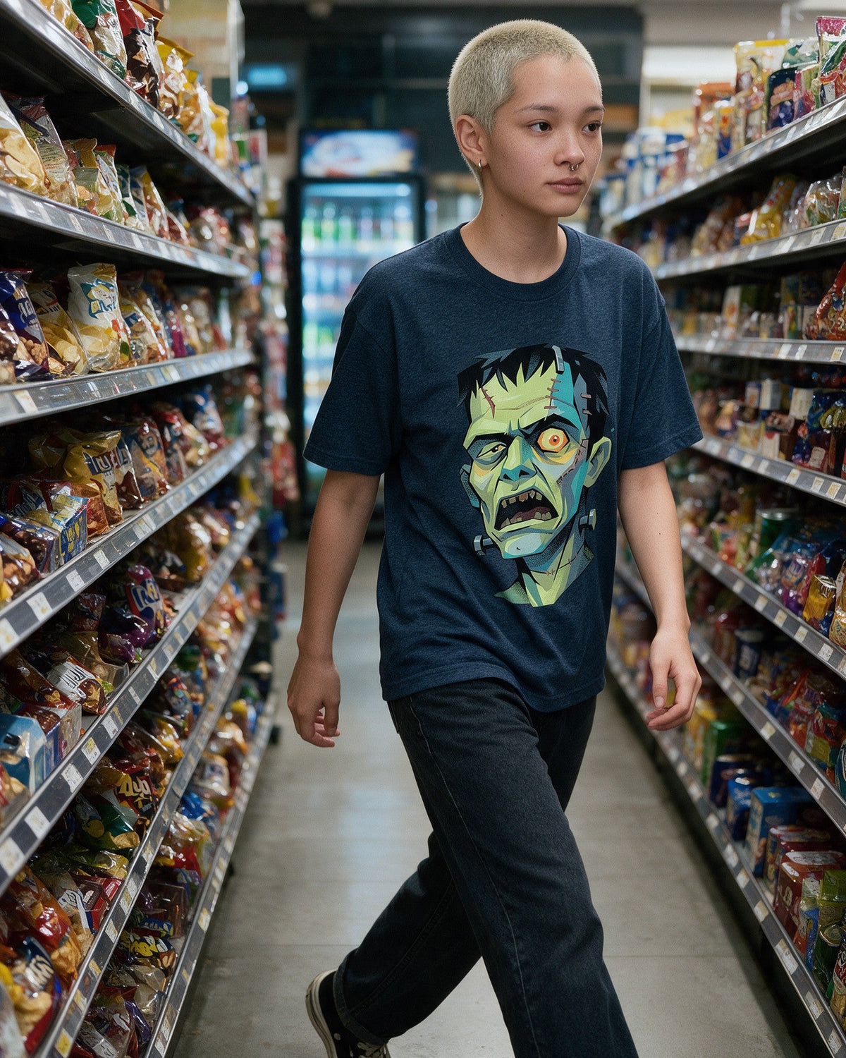 Bolt Head T-Shirt in Heather Navy worn on the street — Urban Kong