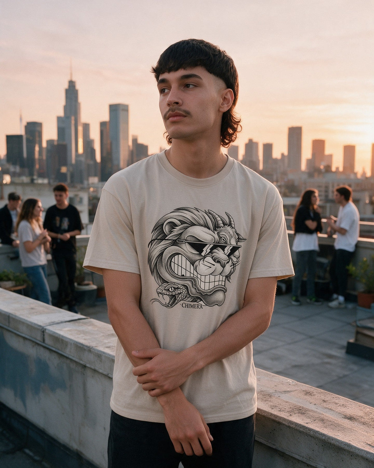 Chimera Shades T-Shirt in Sand worn on the street — Urban Kong