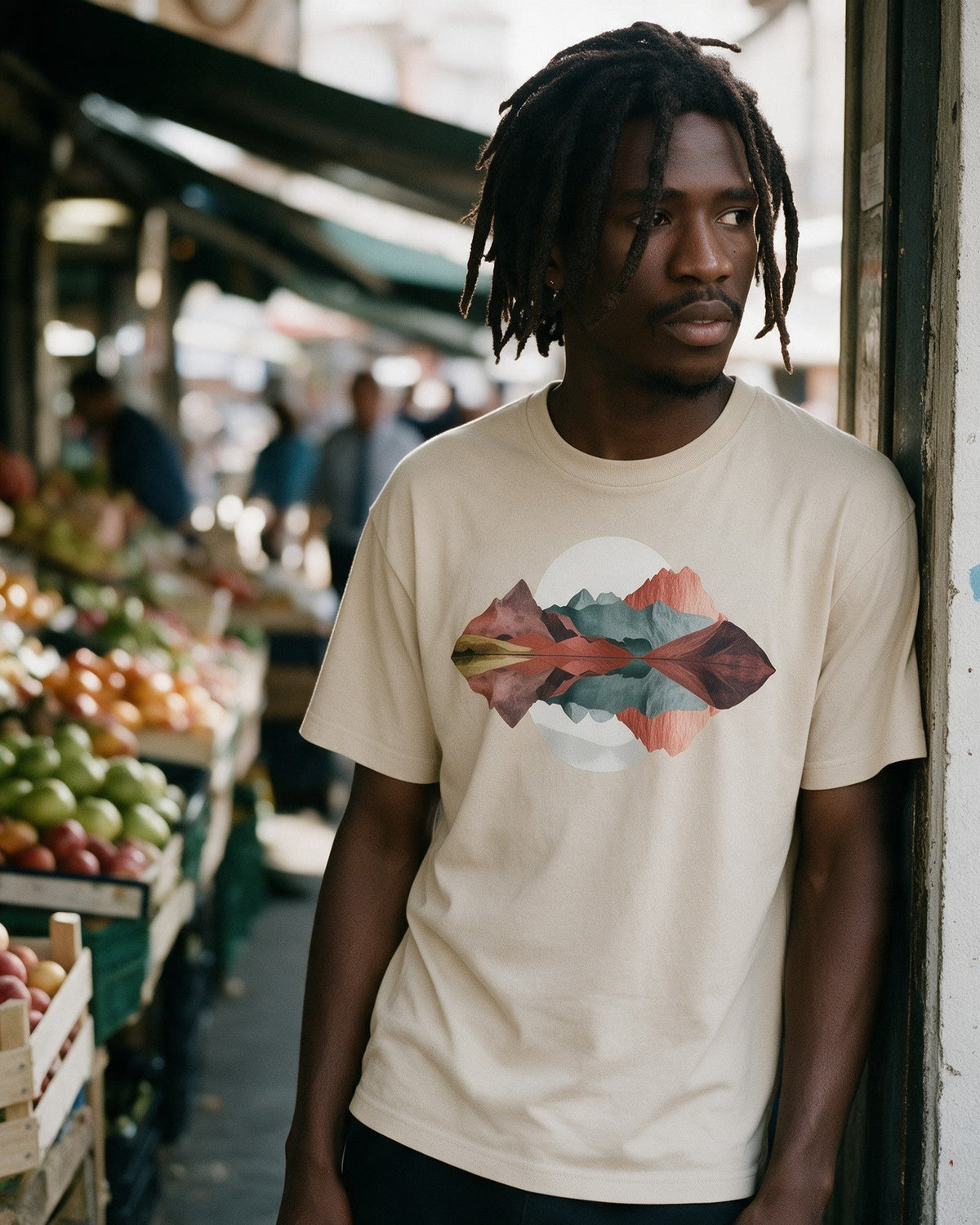 Color Drift T-Shirt in Sand worn on the street — Urban Kong