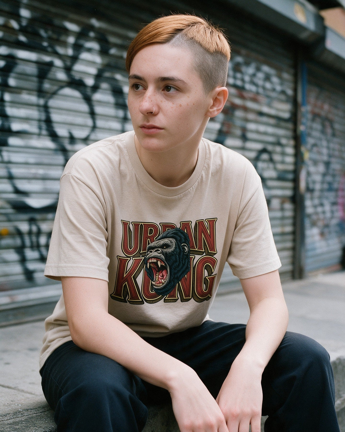 Urban Kong T-Shirt in Sand worn on the street — Urban Kong