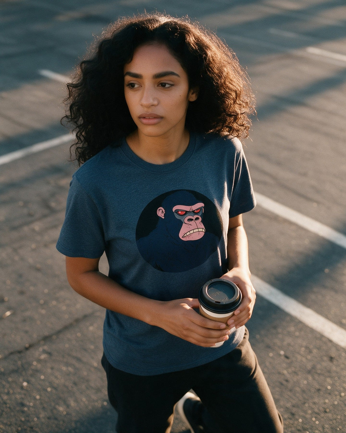 Cranky Kong T-Shirt in Heather Indigo worn on the street — Urban Kong