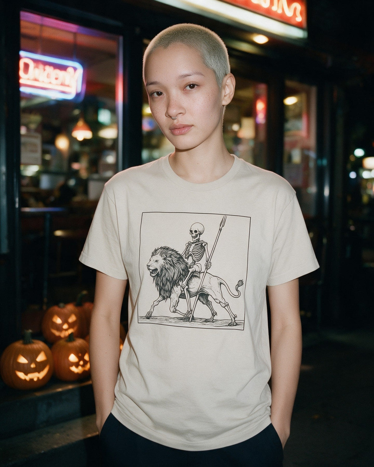 Death and Majesty T-Shirt in Sand worn on the street — Urban Kong