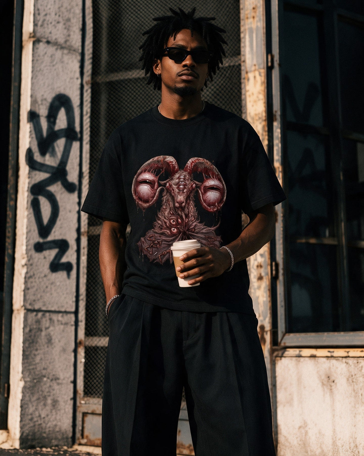 Devil Goat T-Shirt in Black worn on the street — Urban Kong