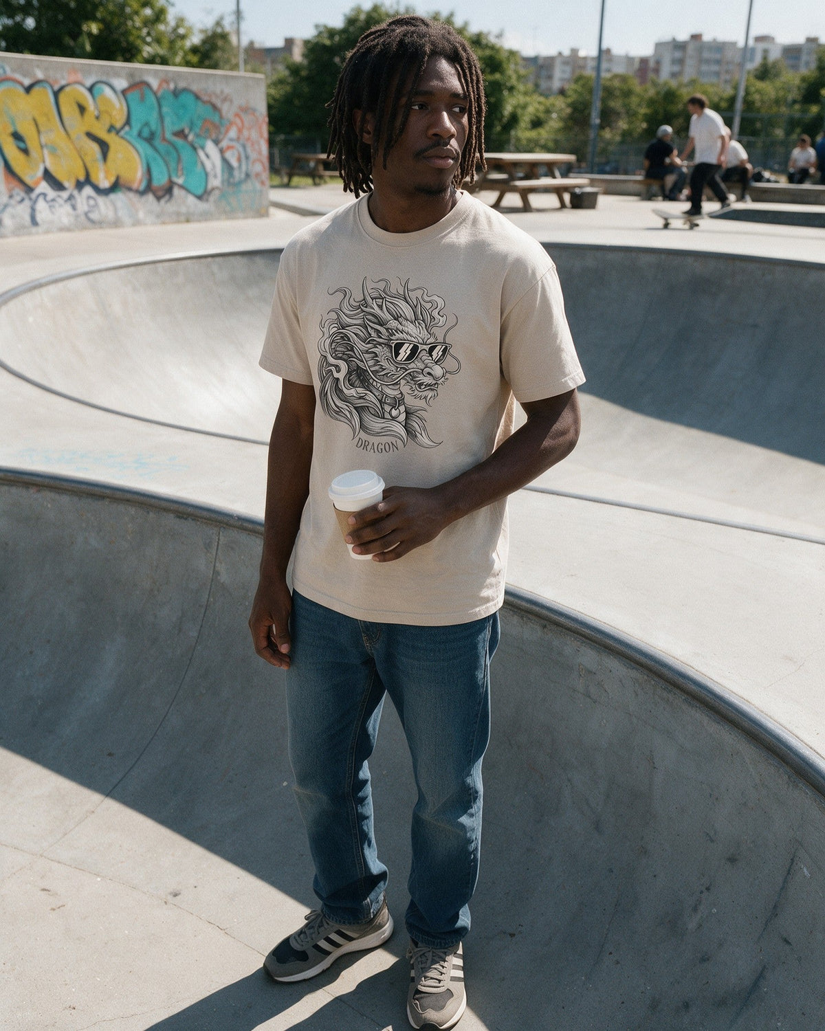 Dragon Shades T-Shirt in Sand worn on the street — Urban Kong