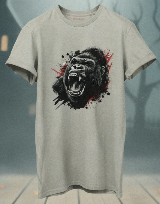 T-shirt with a gorilla graphic on a Halloween-themed background with pumpkins and bats.