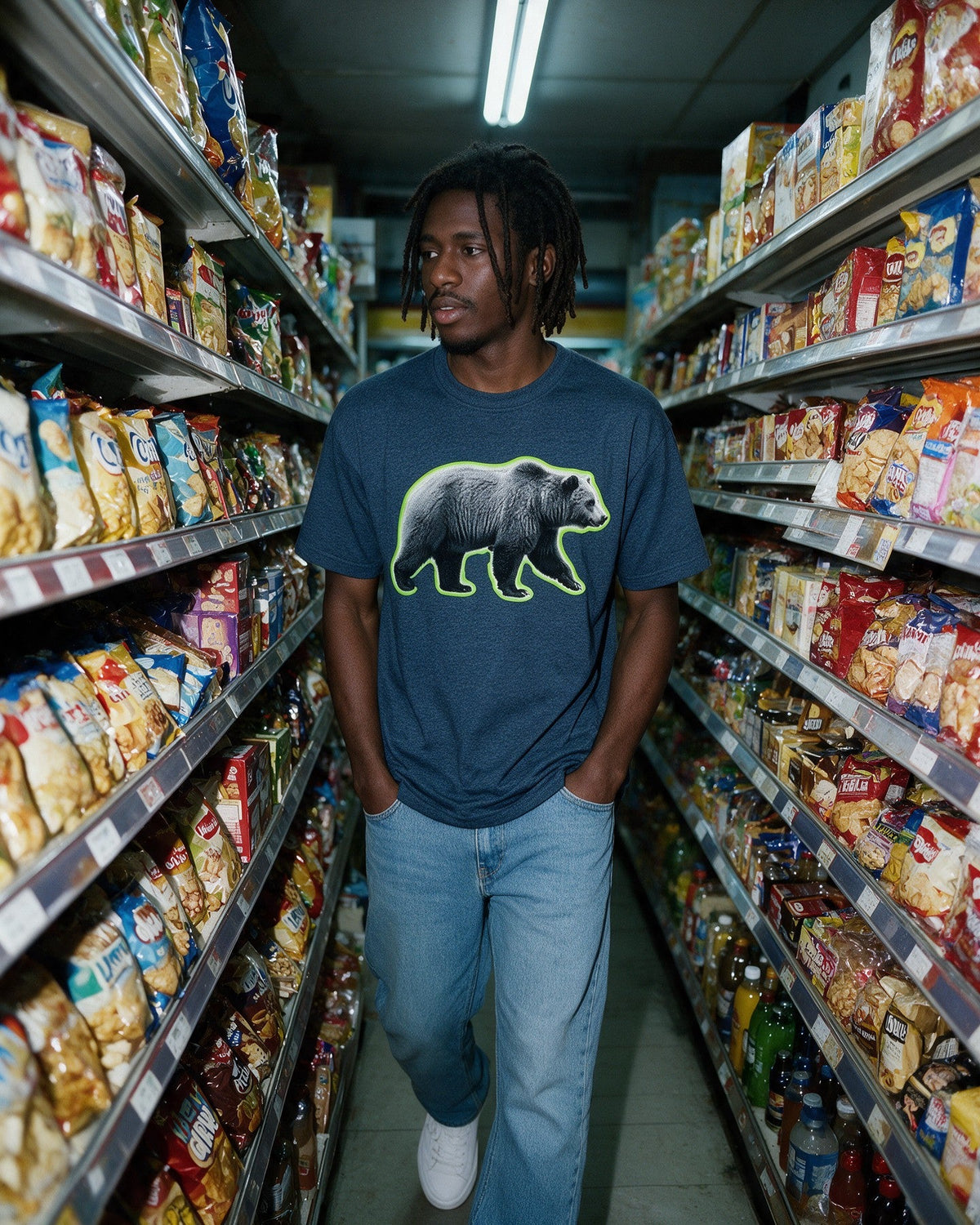 Glow Bear T-Shirt in Heather Navy worn on the street — Urban Kong
