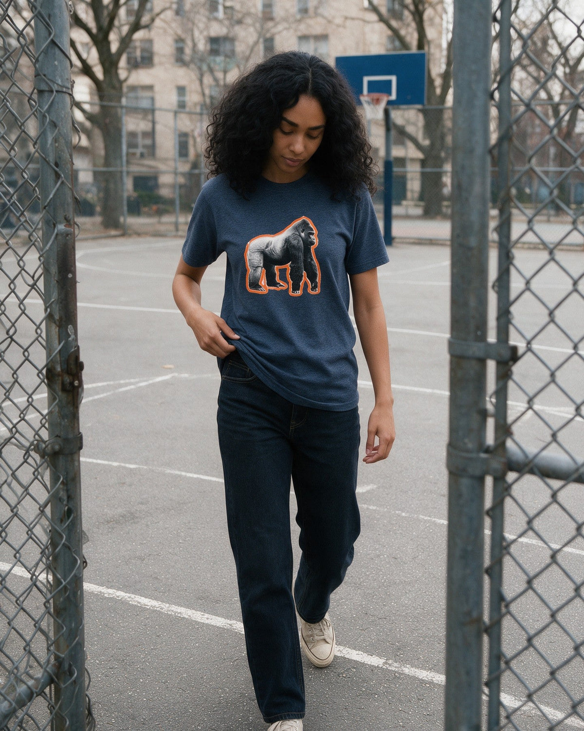 Glow Gorilla T-Shirt in Heather Navy worn on the street — Urban Kong