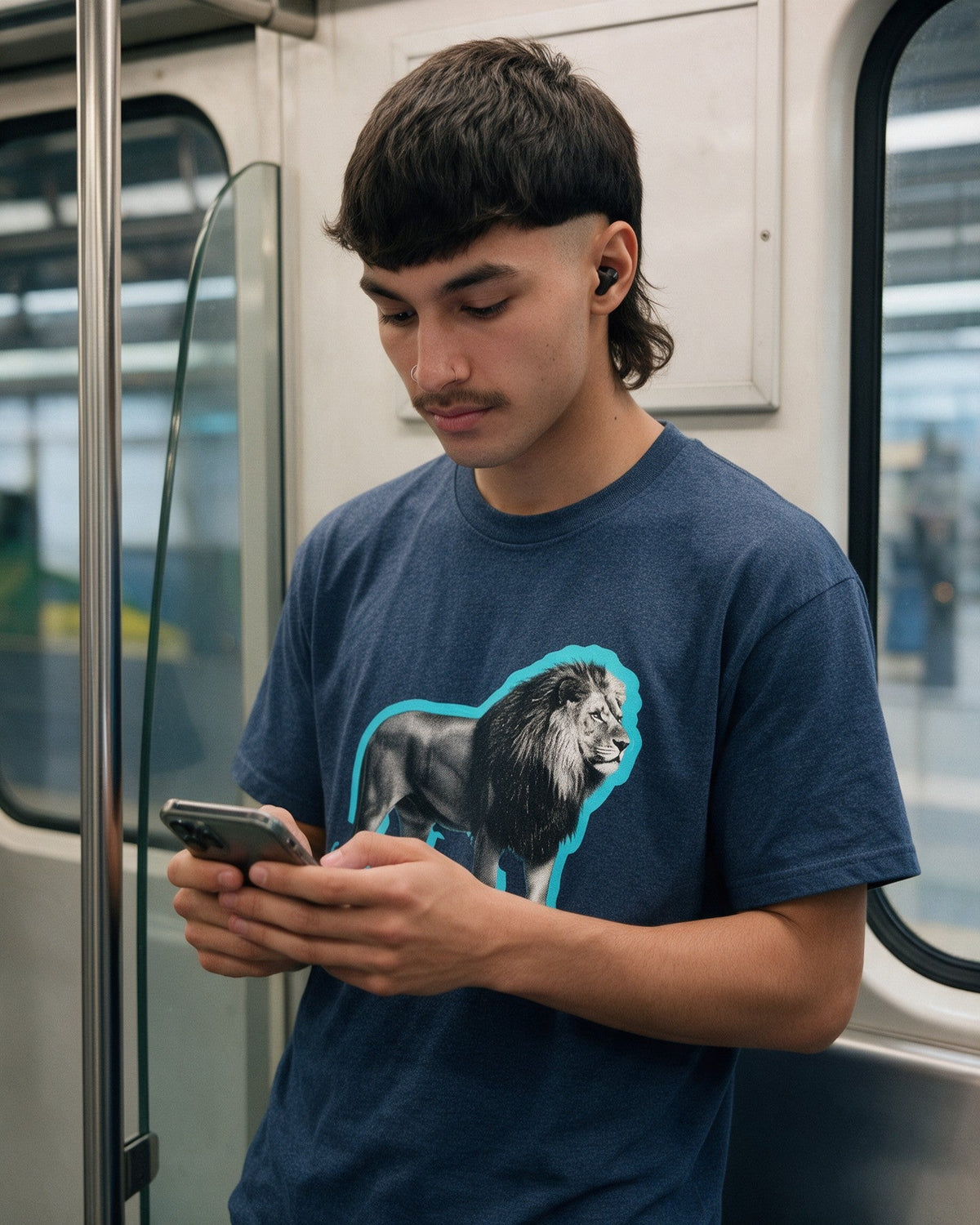 Glow Lion T-Shirt in Heather Navy worn on the street — Urban Kong