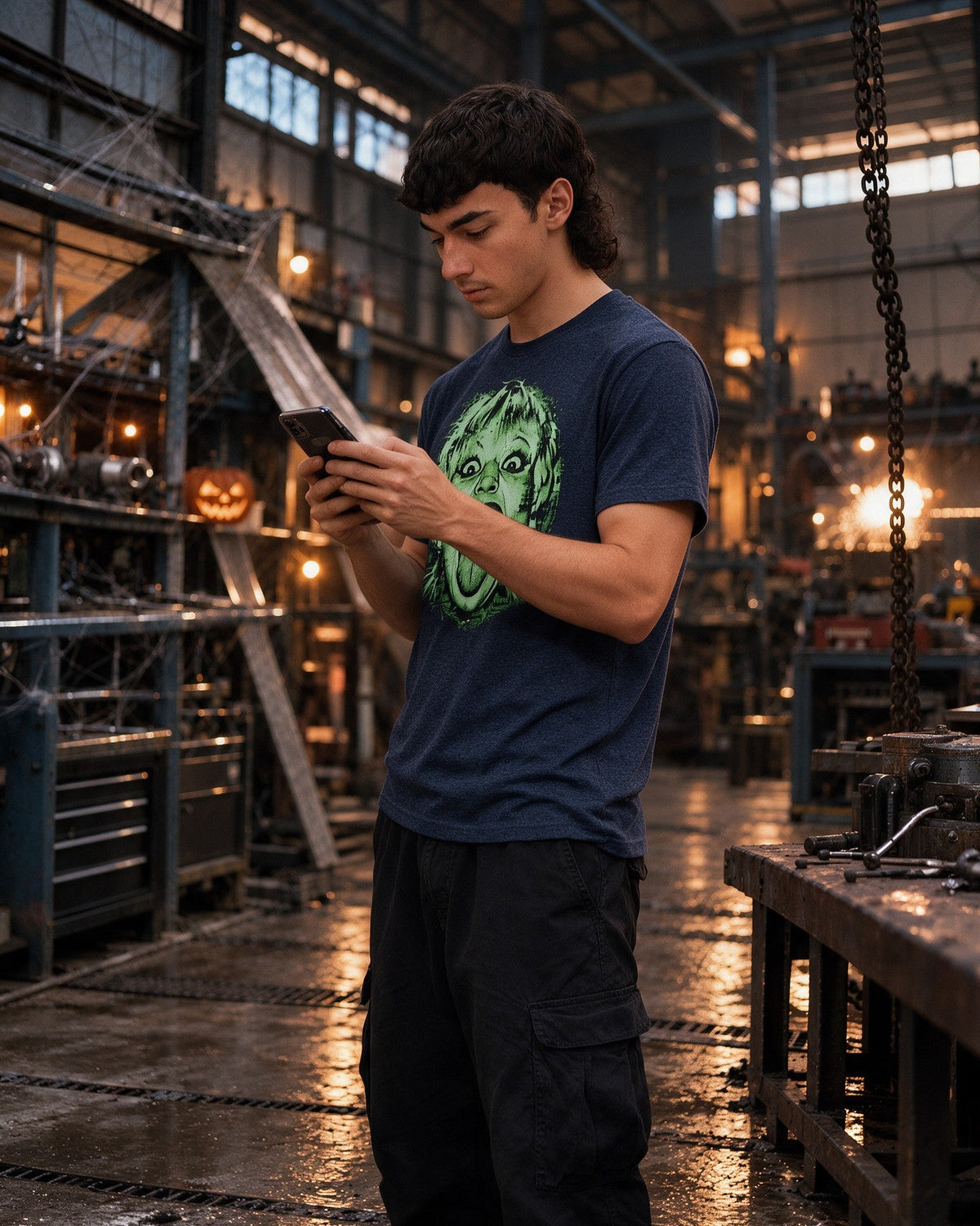Green Scream T-Shirt in Heather Navy worn on the street — Urban Kong