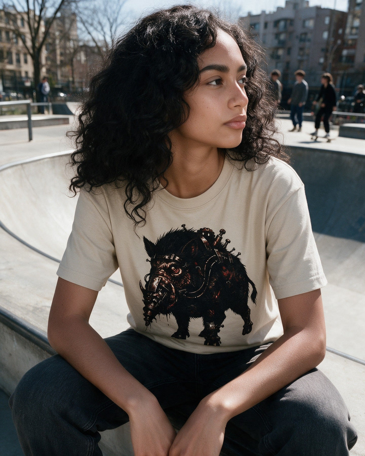 Horror Boar T-Shirt in Sand worn on the street — Urban Kong