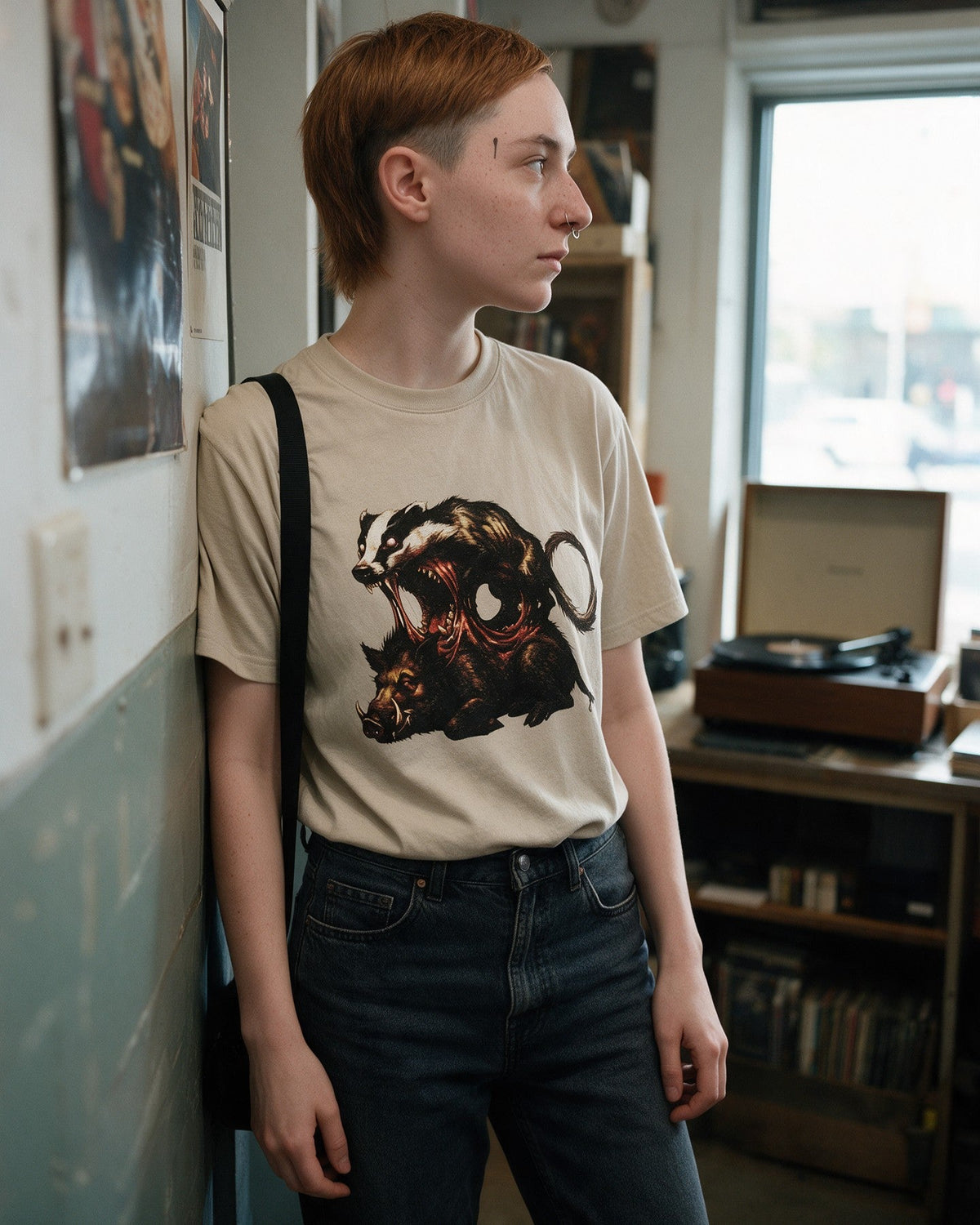 Horror Fusion T-Shirt in Sand worn on the street — Urban Kong
