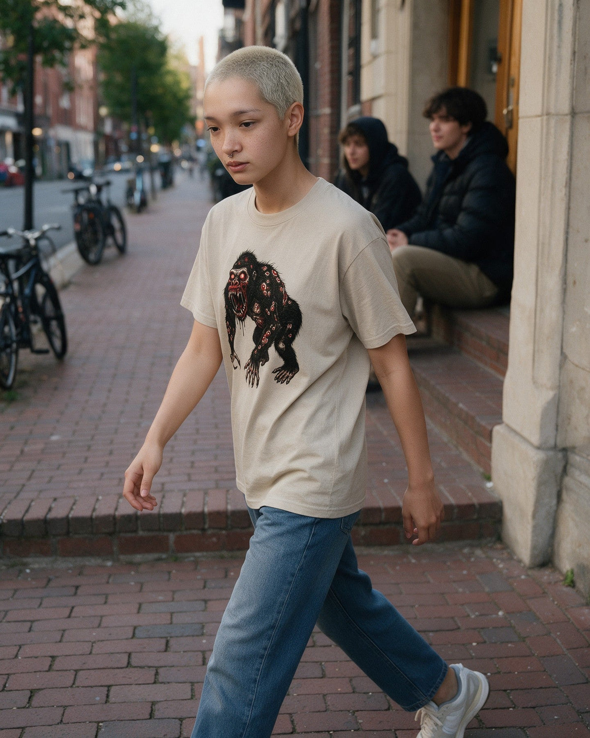 Horror Kong T-Shirt in Sand worn on the street — Urban Kong