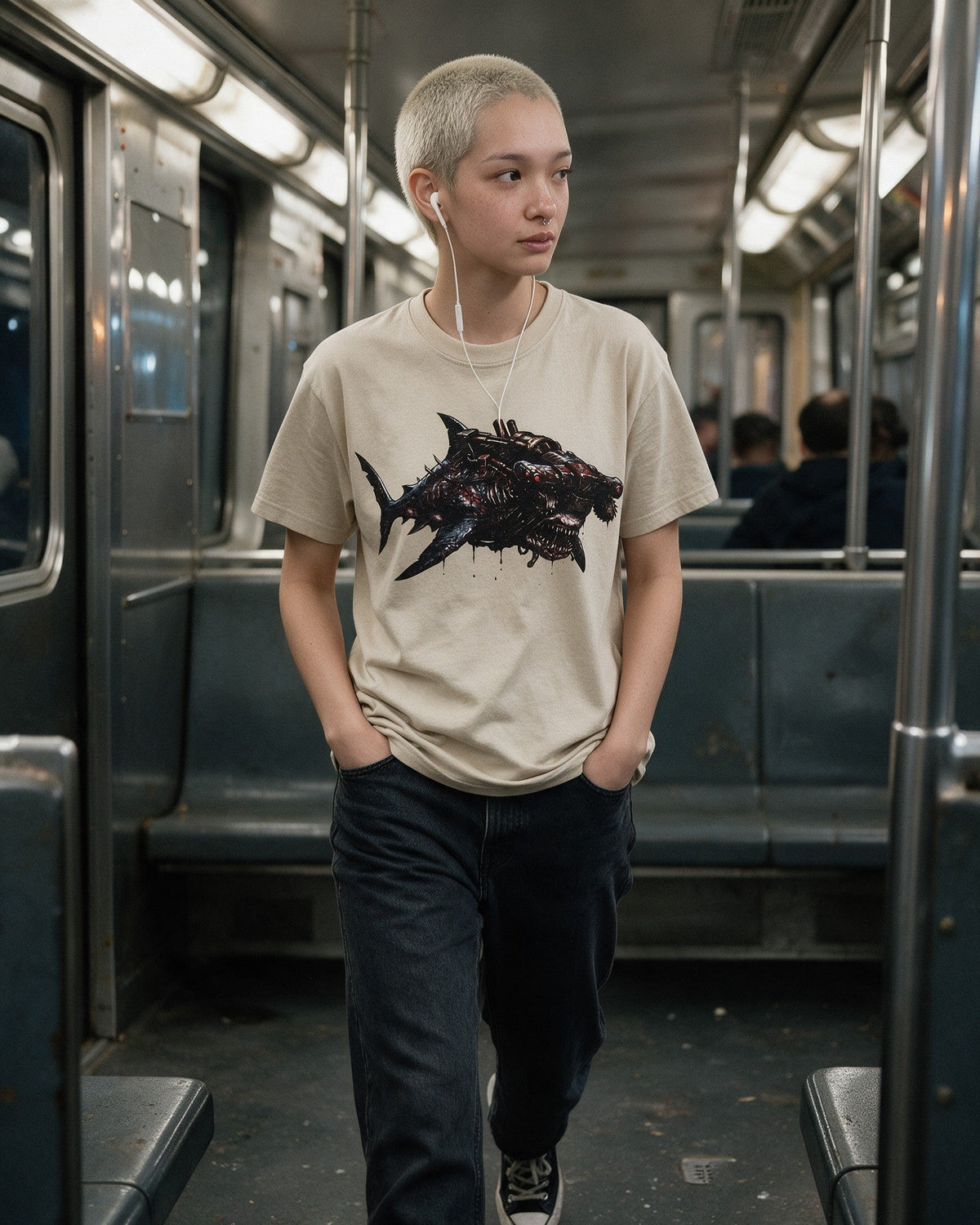 Horror Shark II T-Shirt in Sand worn on the street — Urban Kong