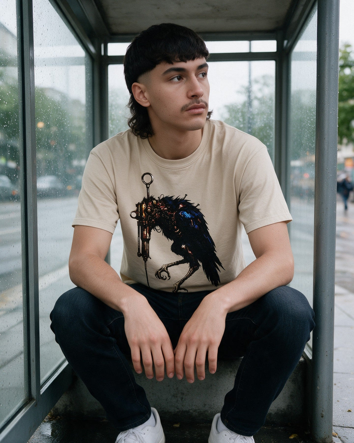 Horror Vulture T-Shirt in Sand worn on the street — Urban Kong