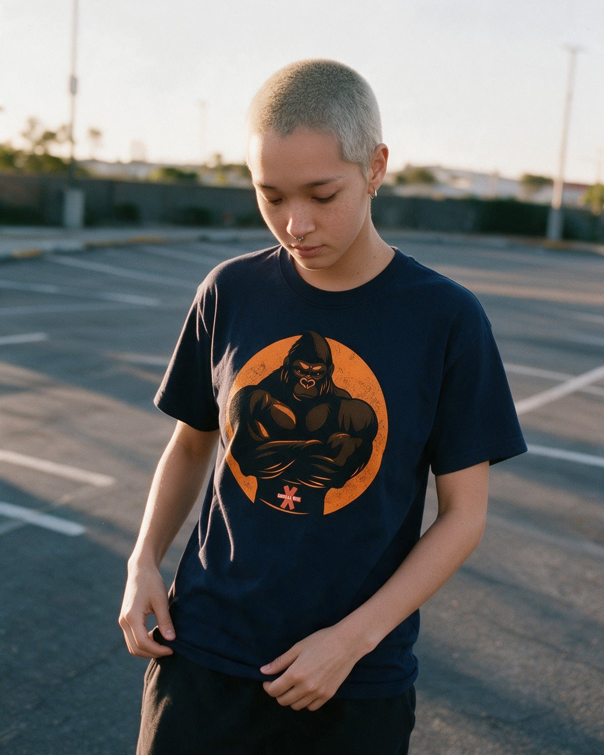 Iron Kong T-Shirt in Navy worn on the street — Urban Kong