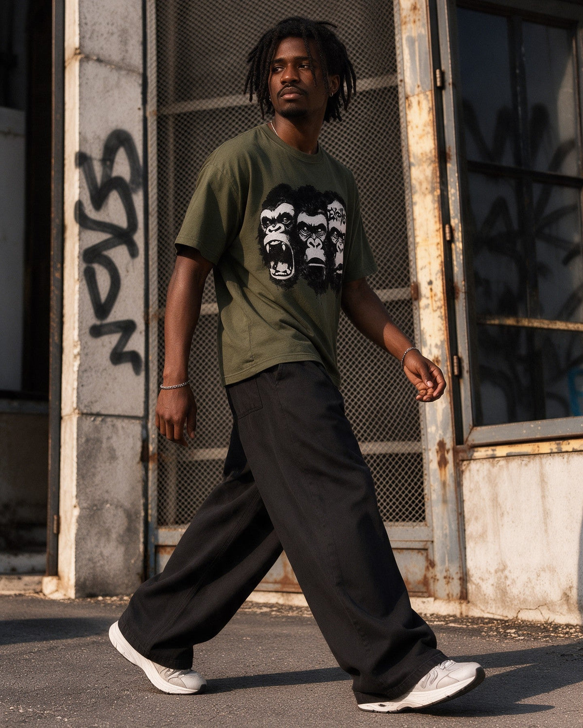 Kong Trinity T-Shirt in Military Green worn on the street — Urban Kong