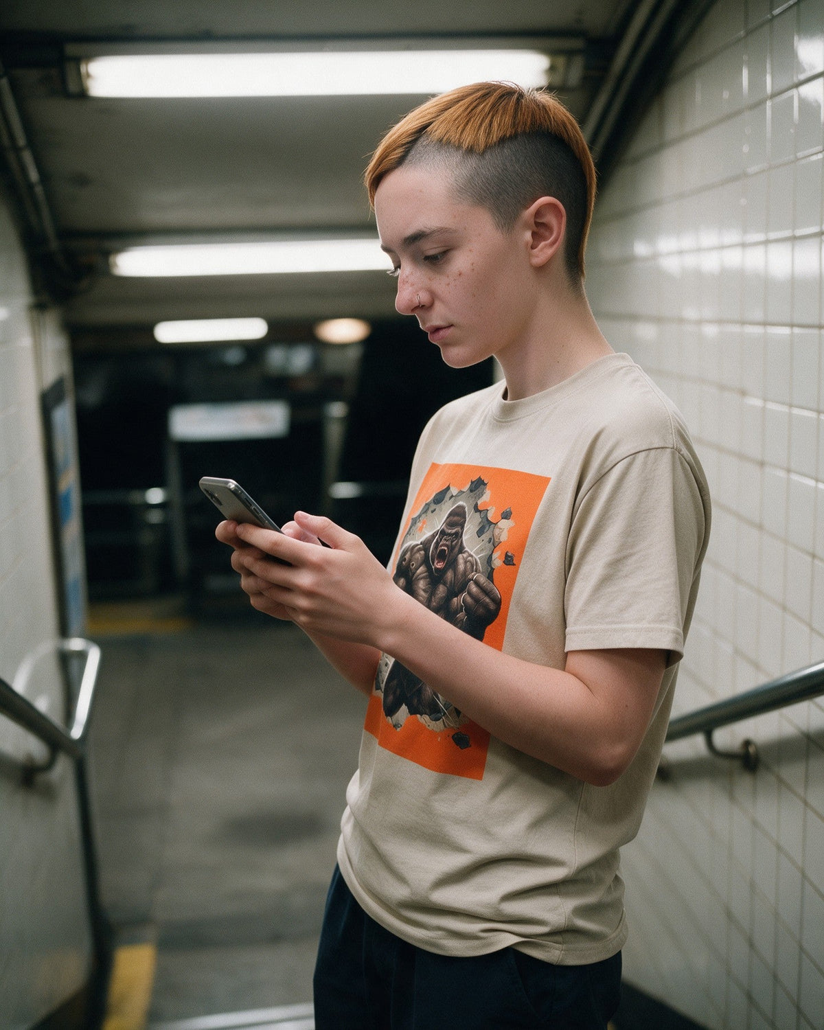 Kong Unleashed T-Shirt in Sand worn on the street — Urban Kong