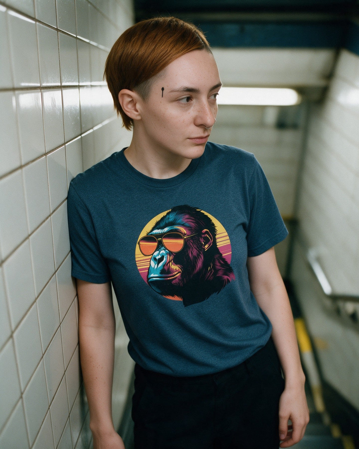 Kong Vibes T-Shirt in Heather Indigo worn on the street — Urban Kong