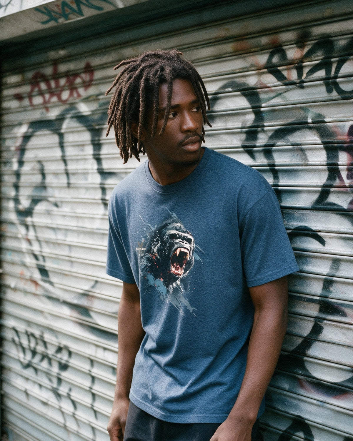 Kong's Call T-Shirt in Heather Indigo worn on the street — Urban Kong