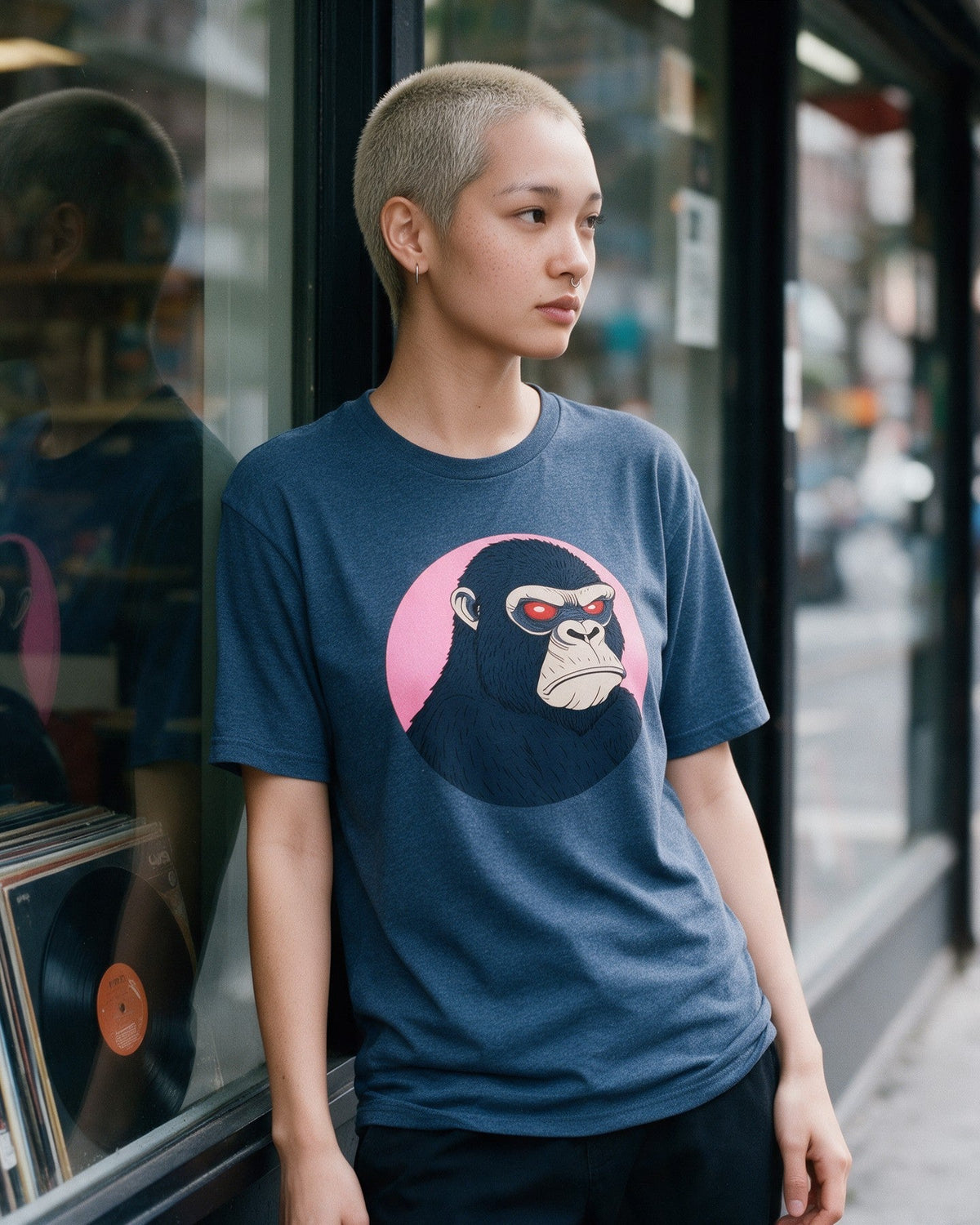 Kong's Mood T-Shirt in Heather Indigo worn on the street — Urban Kong