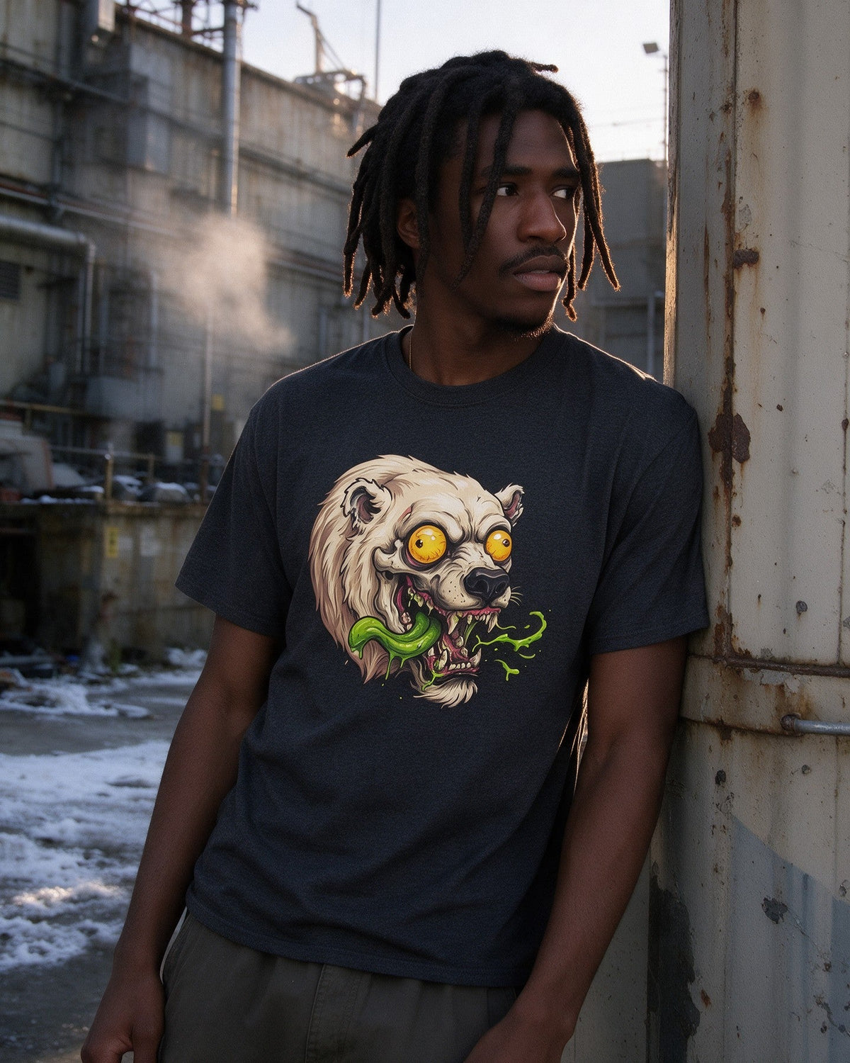 Psycho Polar Bear T-Shirt in Dark Heather worn on the street — Urban Kong