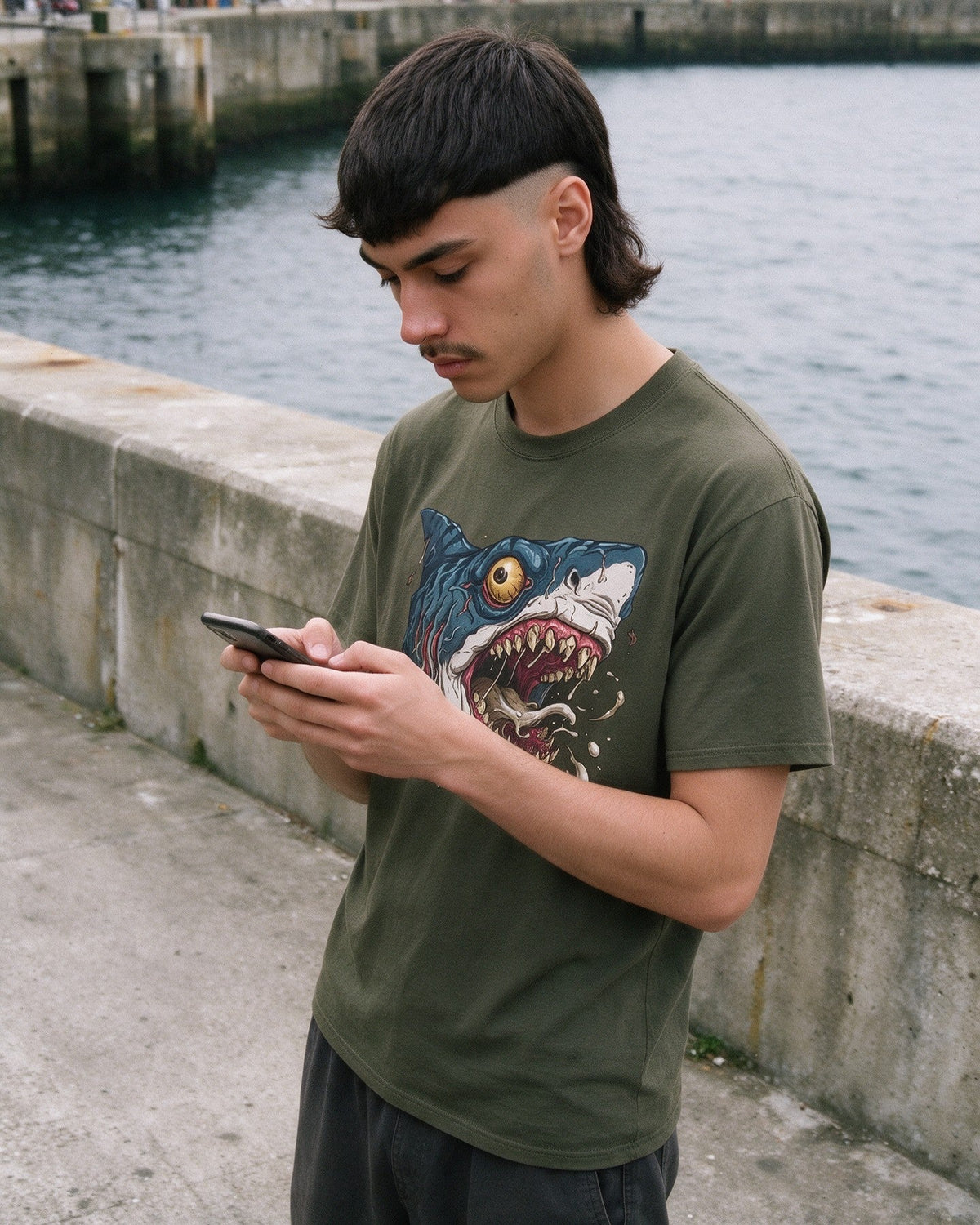 Psycho Shark T-Shirt in Military Green worn on the street — Urban Kong