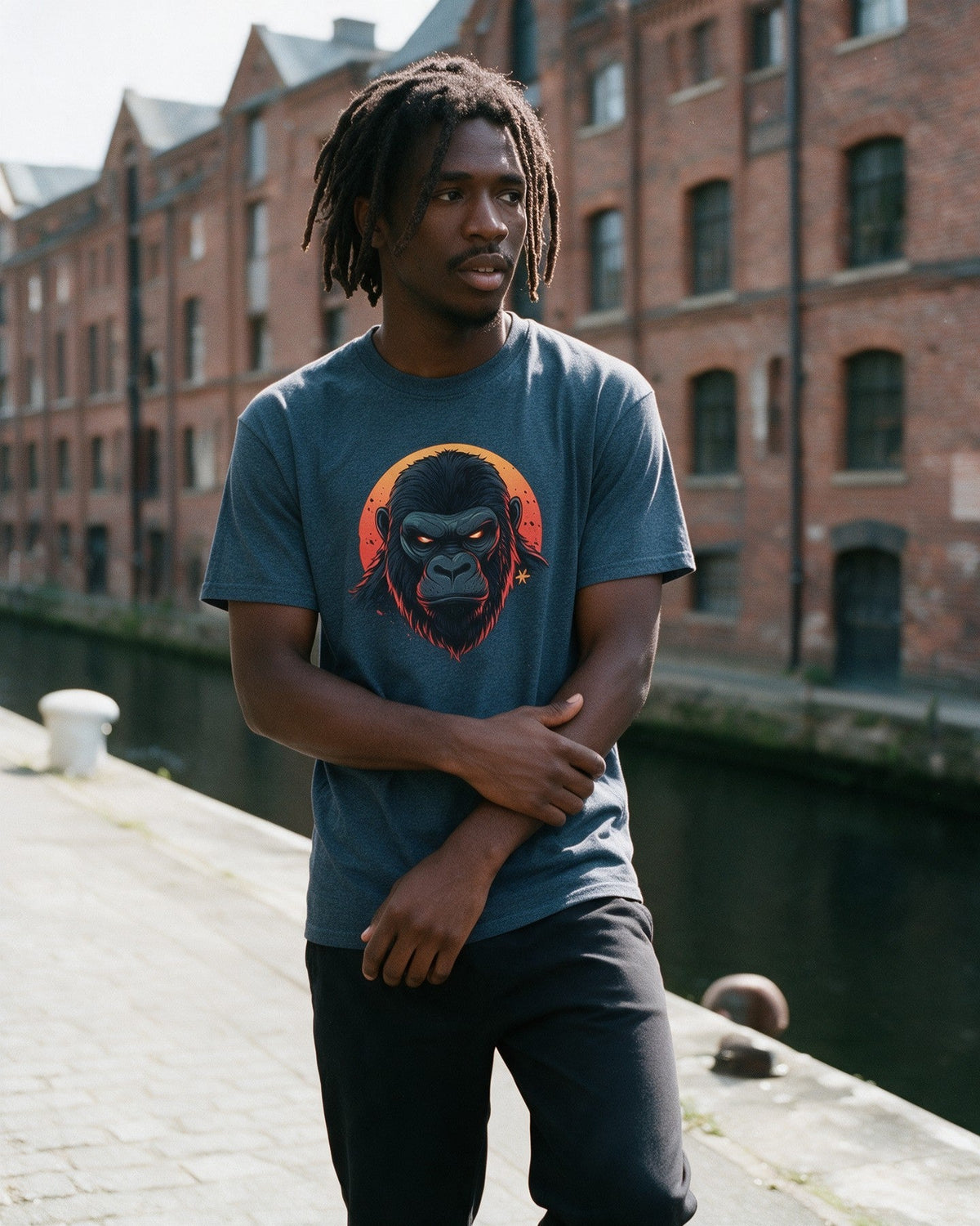 Rage of Kong T-Shirt in Heather Indigo worn on the street — Urban Kong