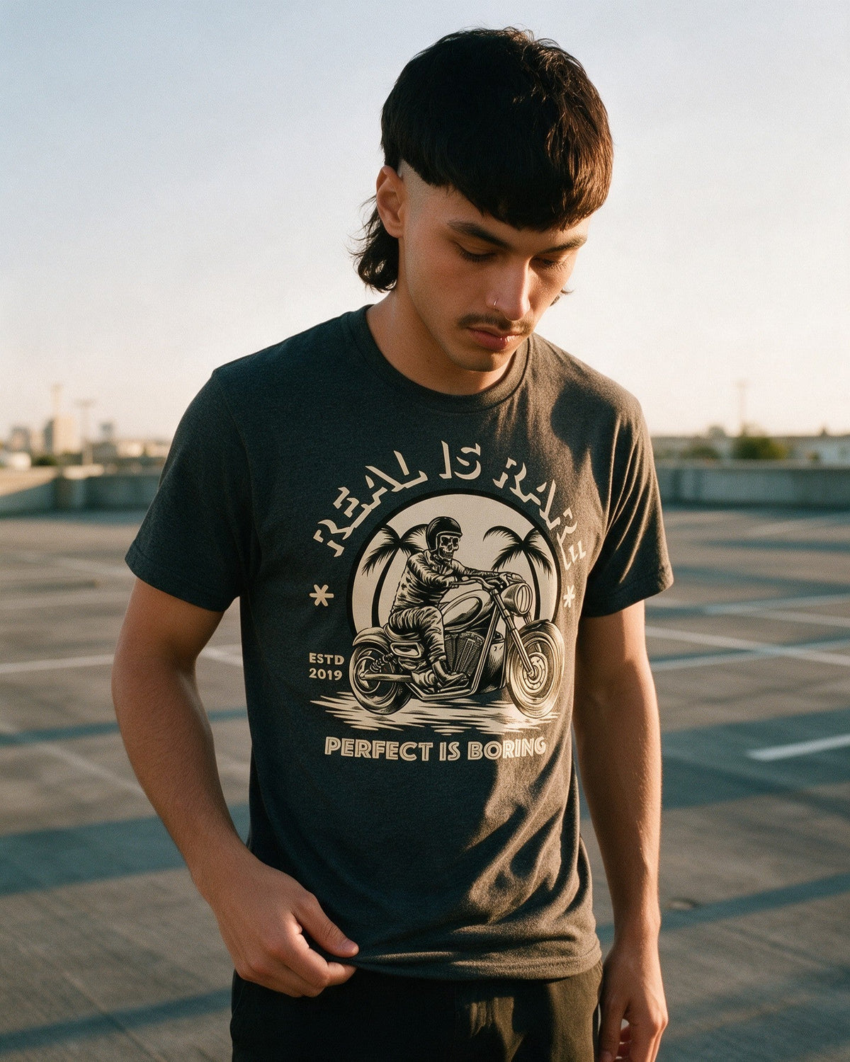 Rare Real T-Shirt in Dark Heather worn on the street — Urban Kong