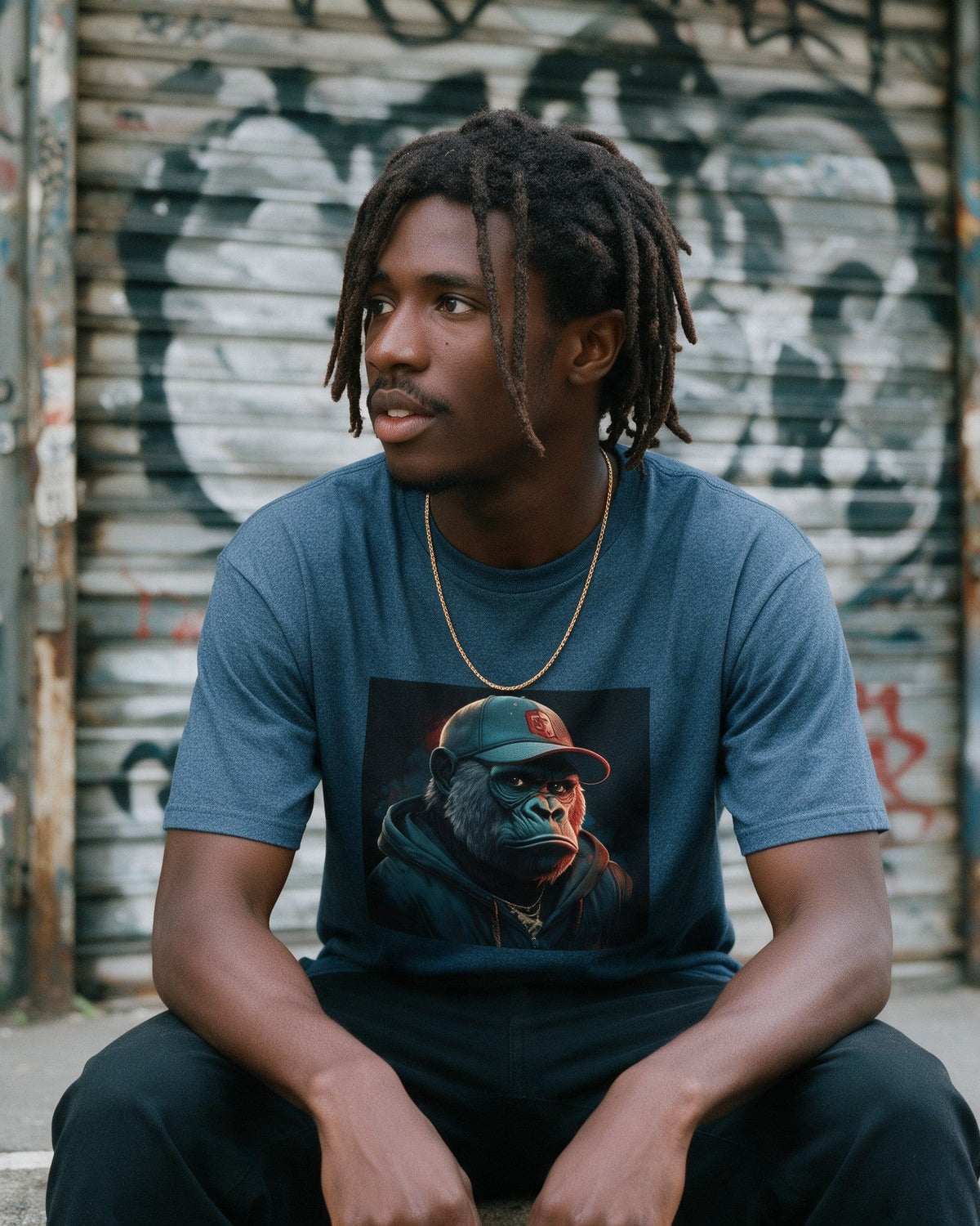 Smooth Kong T-Shirt in Heather Indigo worn on the street — Urban Kong