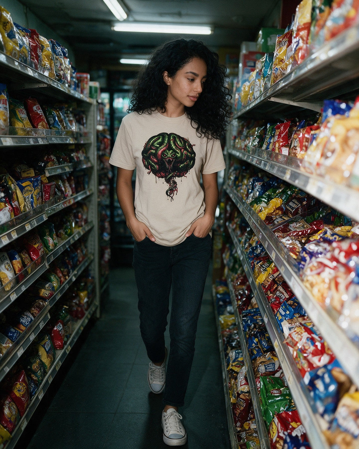 Snake Brain II T-Shirt in Sand worn on the street — Urban Kong