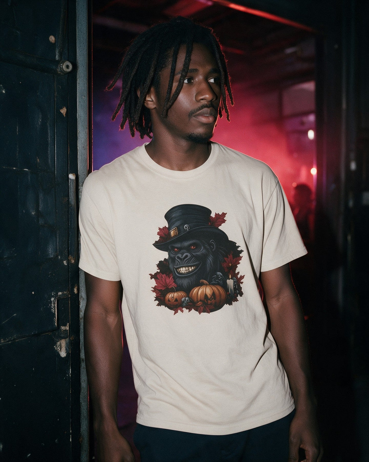 Spooky Gent T-Shirt in Sand worn on the street — Urban Kong