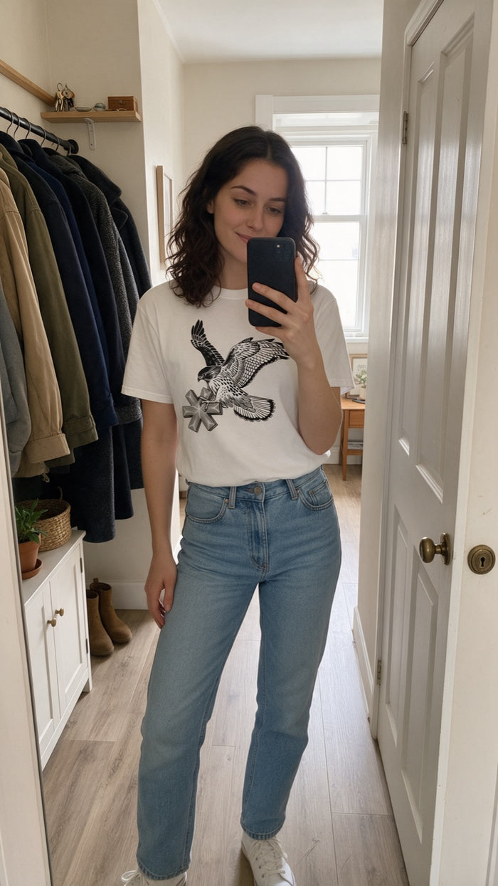 Example mirror selfie in an Urban Kong tee