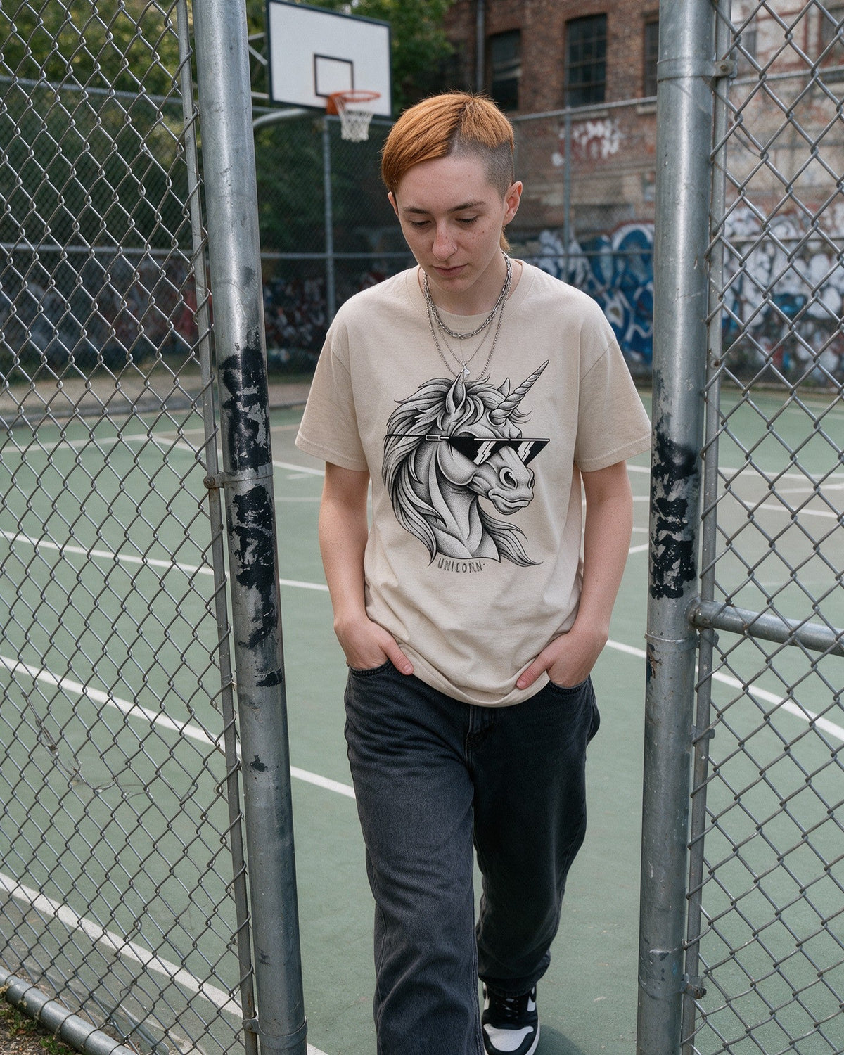Unicorn Shades T-Shirt in Sand worn on the street — Urban Kong