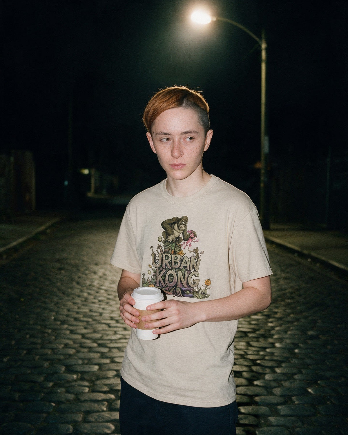 Urban Kong Zombie T-Shirt in Sand worn on the street — Urban Kong